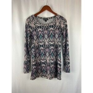 About A Girl Women's Medium Blouse Geometric Long Sleeve Shirt Stretch Purple